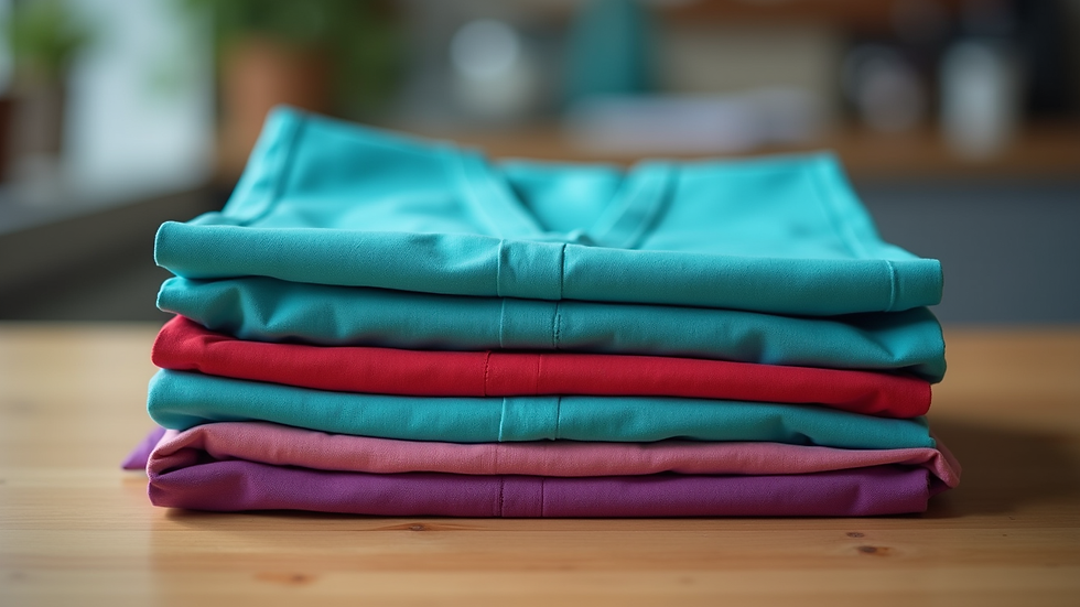 Close-up view of folded colorful doctor scrubs on a wooden table