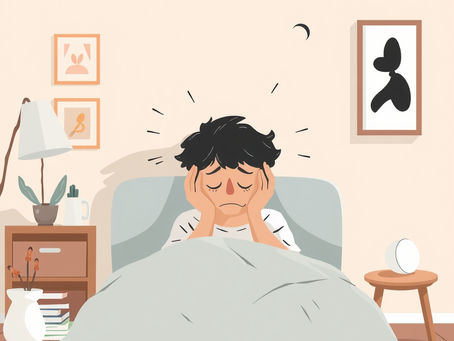 a boy in bed holding his head and feeling anxious