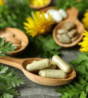 Cápsulas vegetales sobre una cuchara de madera, rodeadas de hojas y flores naturales, representando productos para la industria naturista.
