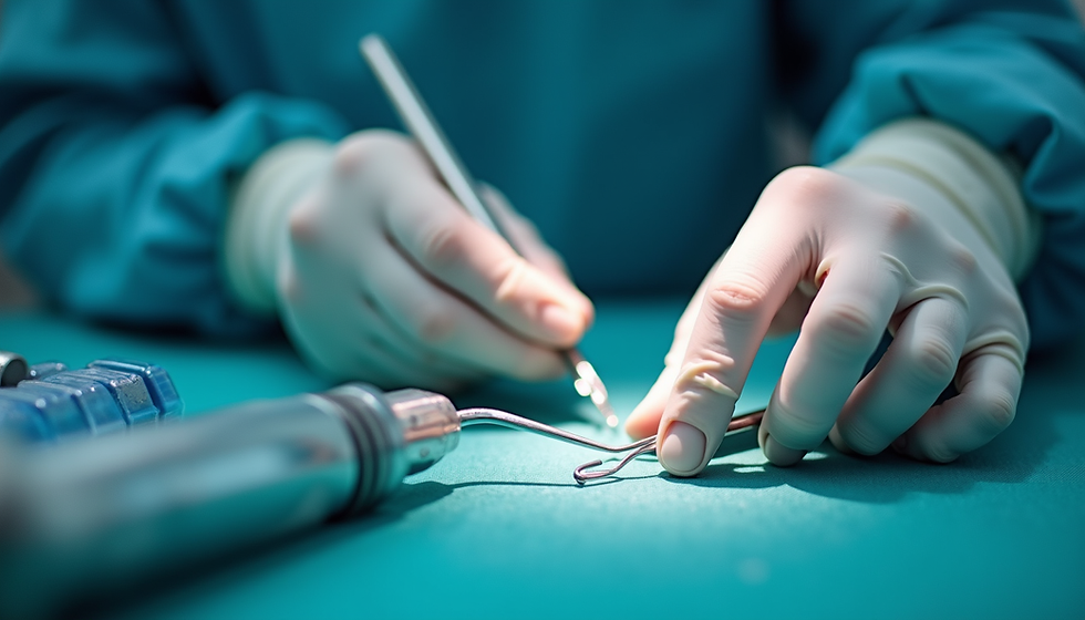 Gloved hands preparing biopsy instruments for an endometrial biopsy