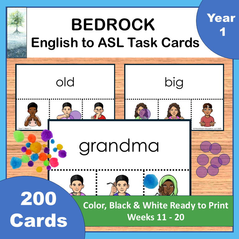 Bedrock Literacy Curriculum English to ASL Task Cards, Year 1, Weeks 11-20