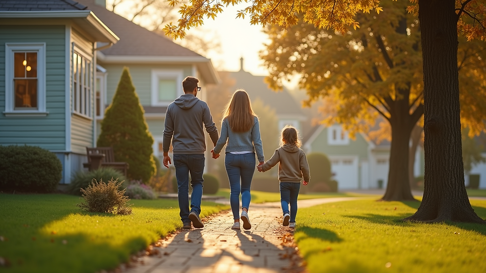 Eye-level view of a family exploring a charming suburban neighborhood