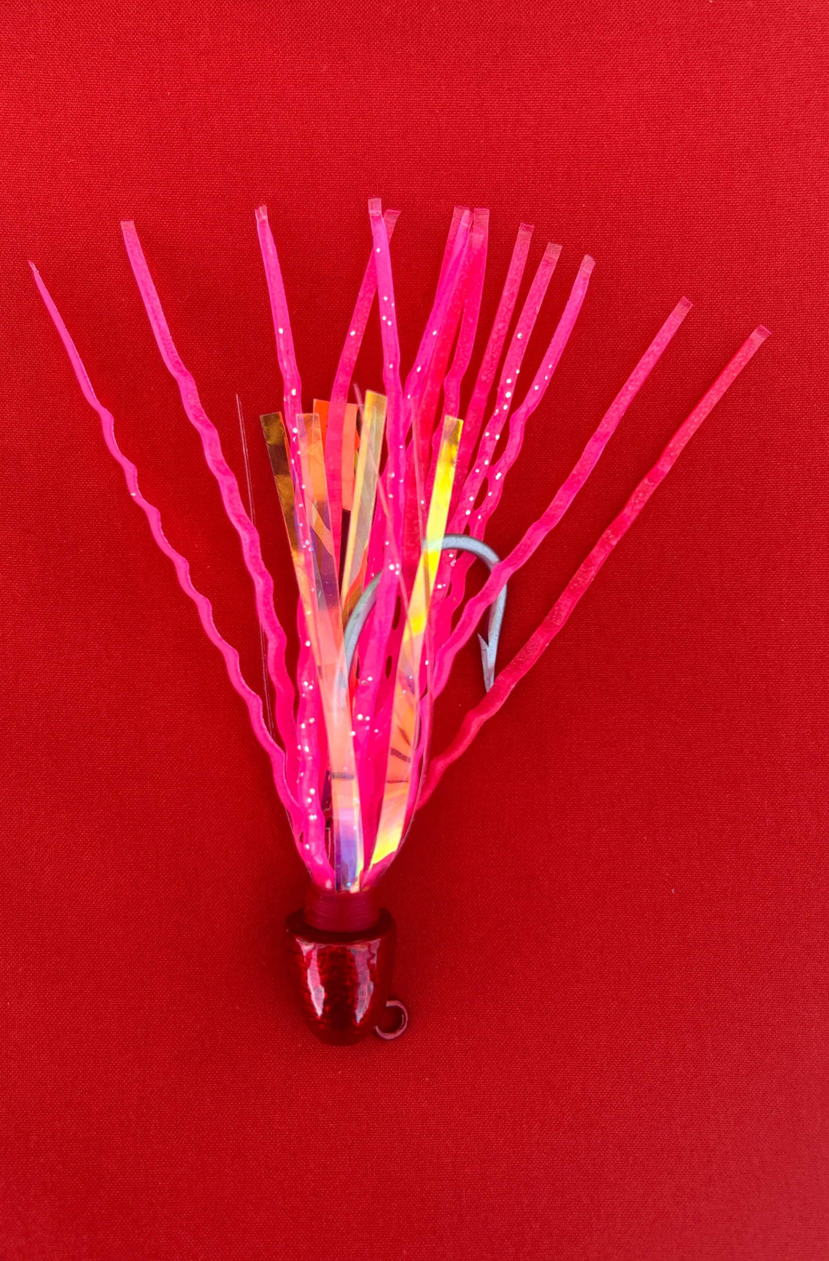 Fishing jig, squid crimp style, hot lady pink and red,2xhook