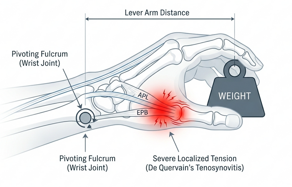 槓桿力臂 (Lever Arm) 距離對手腕造成的極端微距效應。離轉軸越遠的重力,越容易在拮抗側(如:大拇指基部)引發超過負荷的發炎張力,這是媽媽手等肌腱病變的物理源頭。