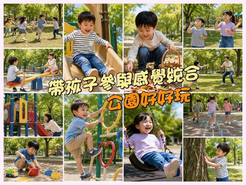 孩子在公園跑跳、攀爬、玩沙與盪鞦韆,說明公園活動可提供感覺統合刺激