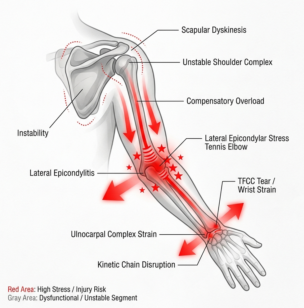 上肢動力鏈崩解 (Kinetic Chain Breakdown)。當源頭的肩胛骨失去穩定度,遠端的網球肘與手腕 (TFCC) 即被迫承受高壓的代償剪力。