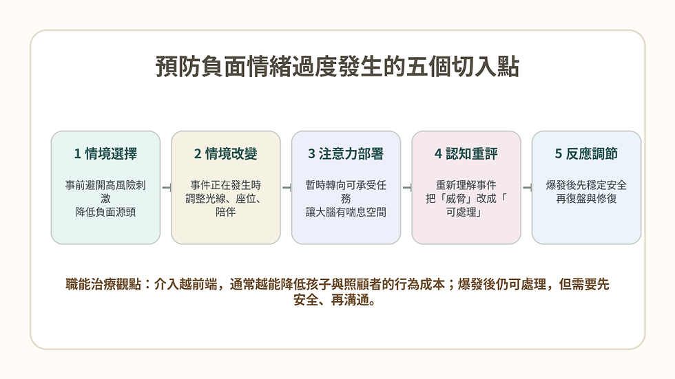圖解預防負面情緒過度發生的五個方法：情境選擇、情境改變、注意力部署、認知重評與反應調節。