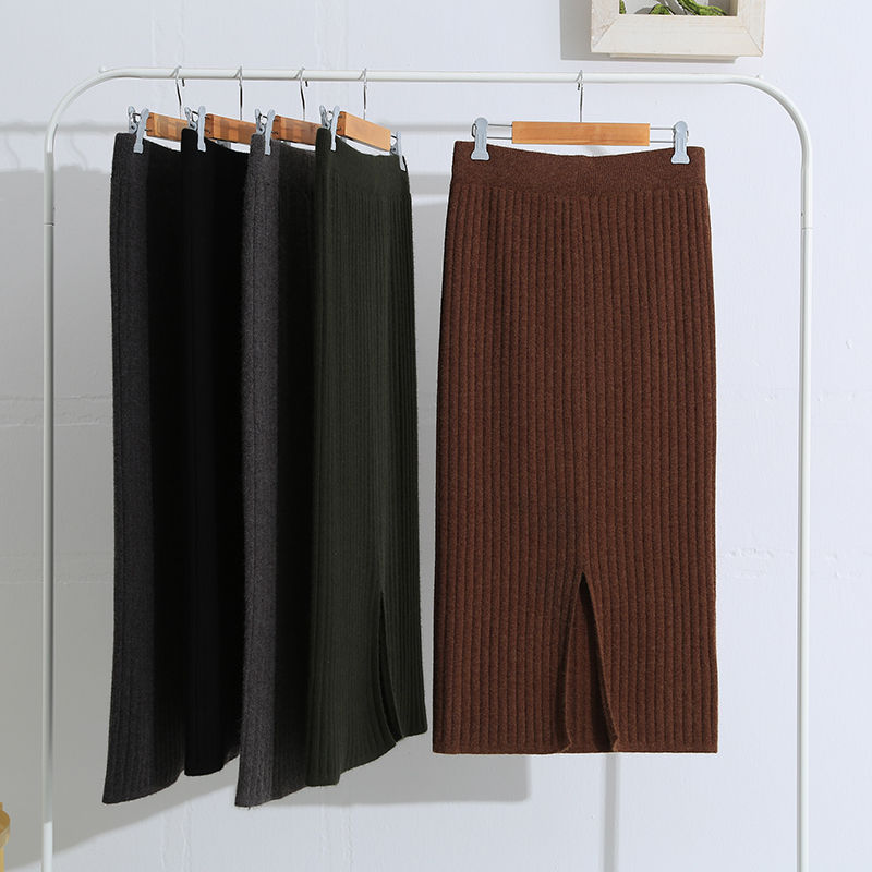 縮圖：加厚針織半身裙 包臀裙 一步裙 百褶中長款 秋冬長裙 女毛線裙子潮