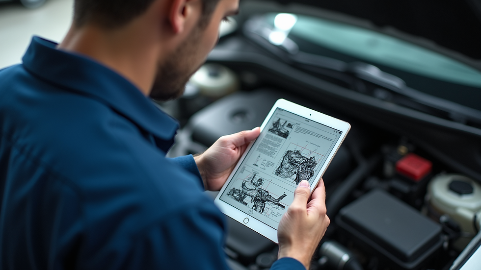 High angle view of a mechanic using a tablet to show car repair details