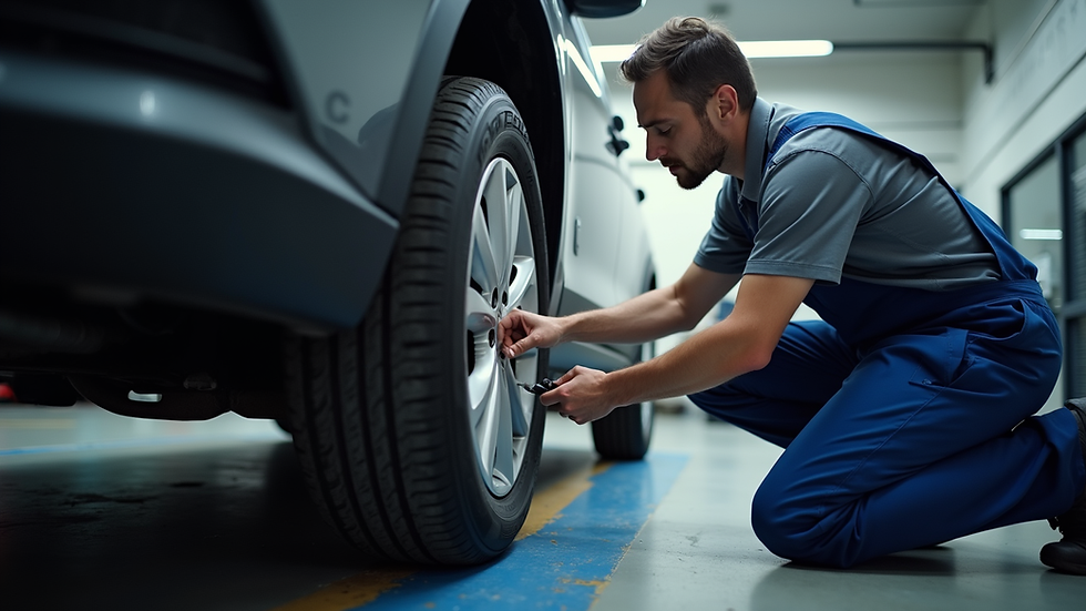 Eye-level view of a mechanic inspecting a car tire in an auto shop