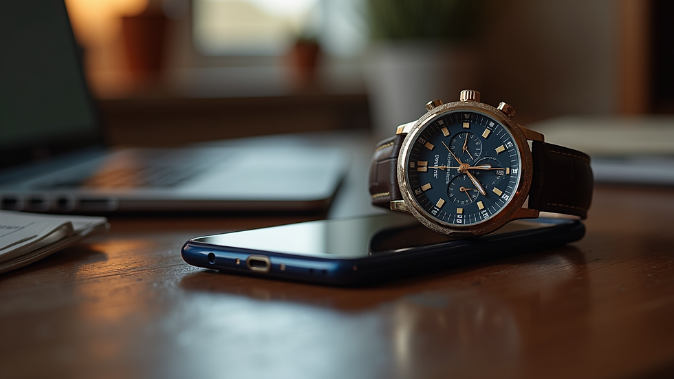 Close-up view of a luxury watch and a smartphone on a polished desk