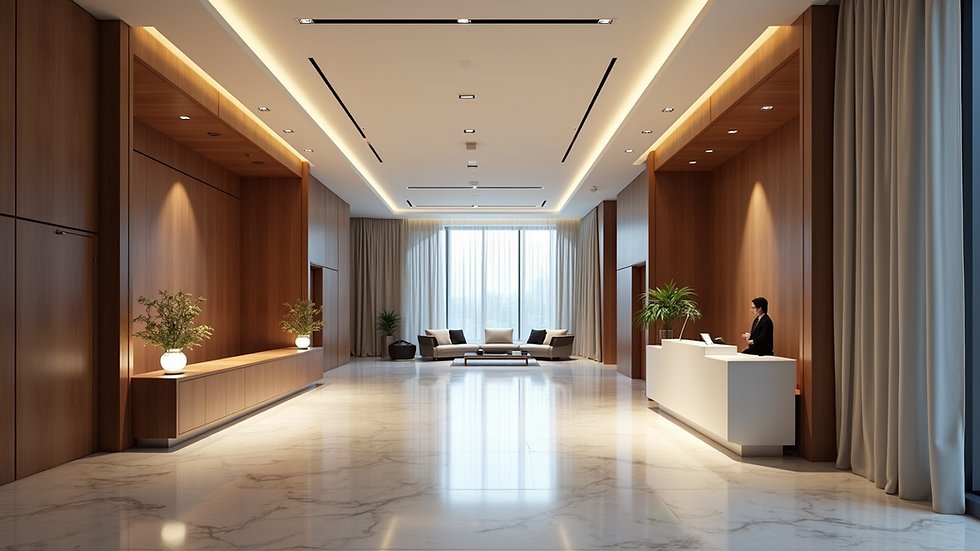 Eye-level view of a modern office reception area with concierge desk
