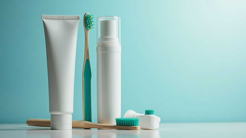 Close-up view of a selection of Japanese dental products including toothbrushes and toothpaste