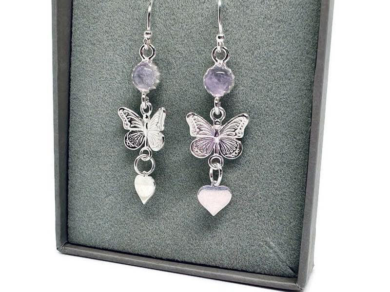Thumbnail: amethyst butterfly and heart earrings