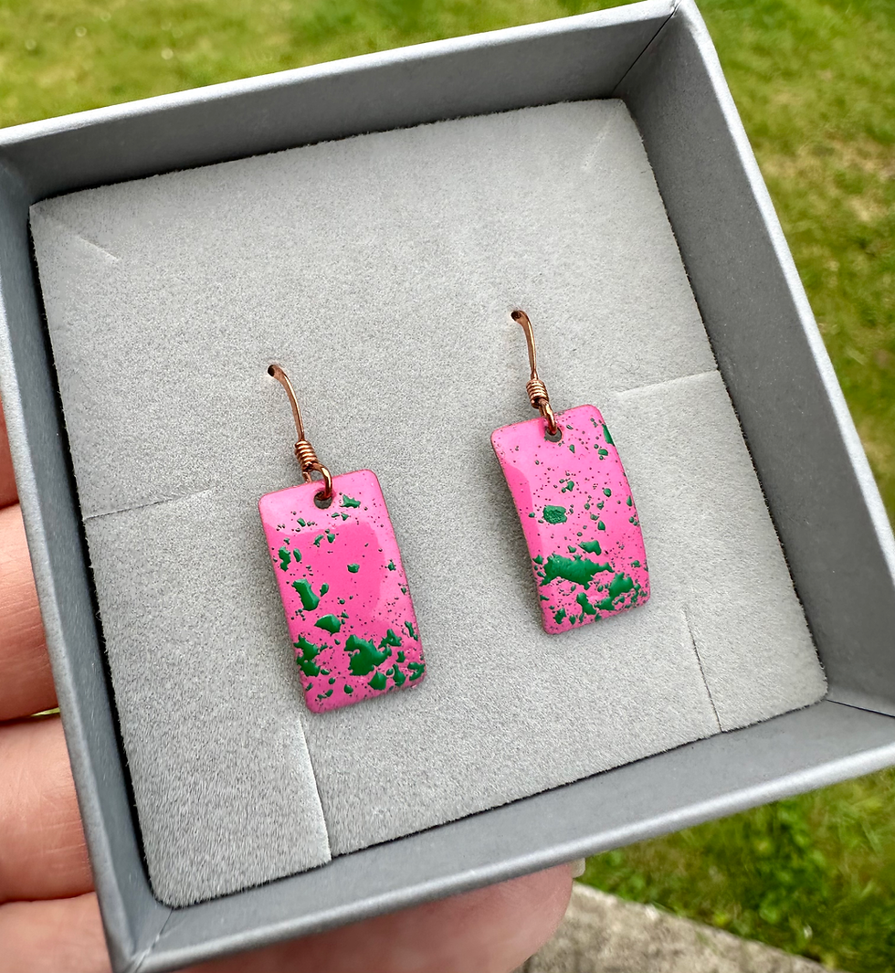 Thumbnail: Pink and green enamel drop earrings in daylight