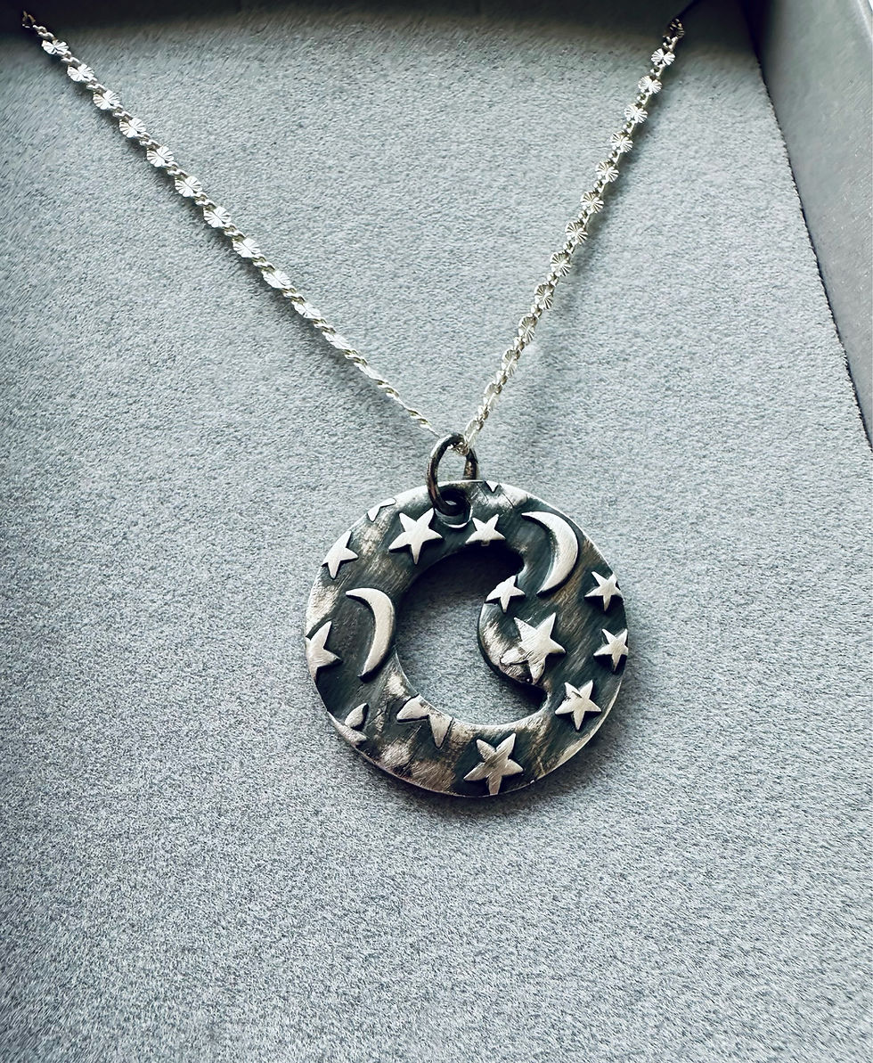 celestial moon and stars silver necklace presented in grey gift box