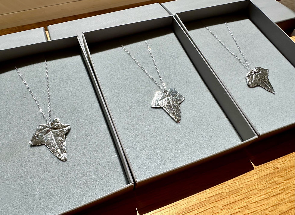 Thumbnail: designer silver necklaces, silver ivy leaf pendants shining in the light