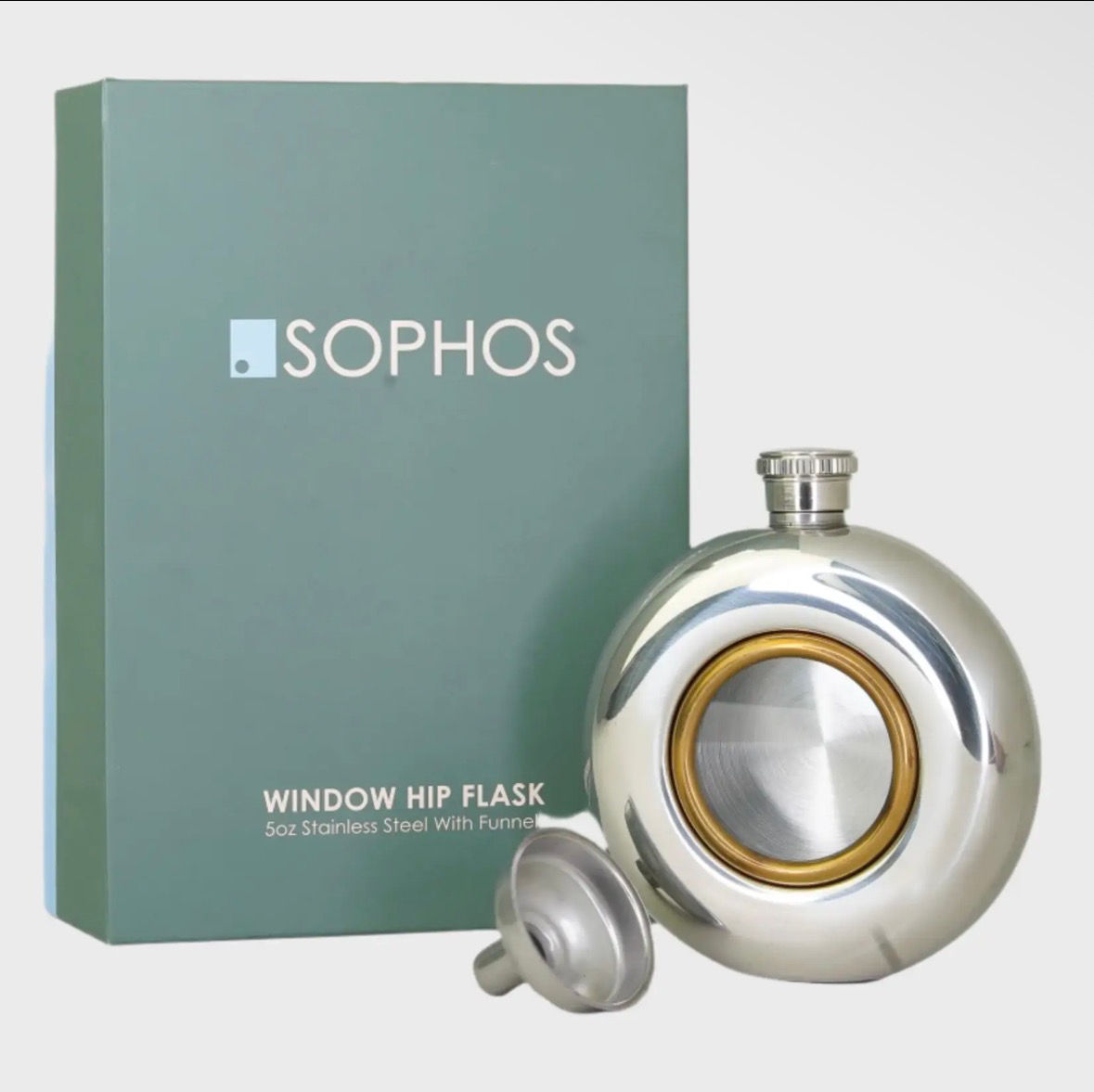 Sophos round hip flask with central clear window