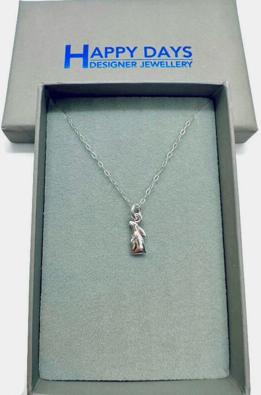 Thumbnail: tiny sterling silver moon gazing hare necklace in Happy Days Designer Jewellery gift box