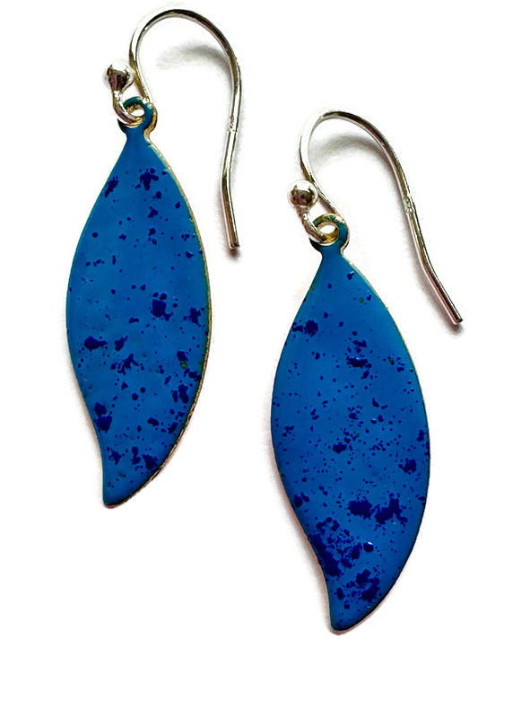 Deep blue enamel leaf shape earrings with sterling silver earring wires