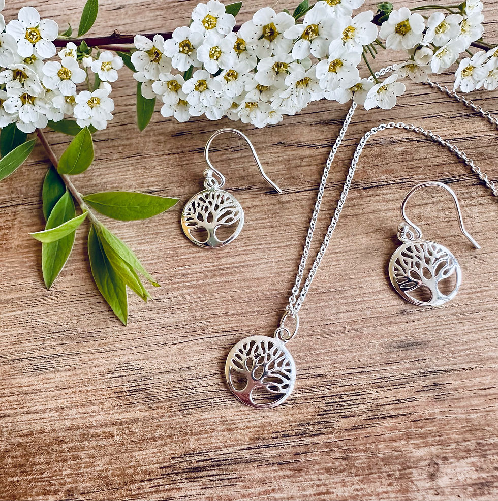 Tree of life round silver necklace and earrings set