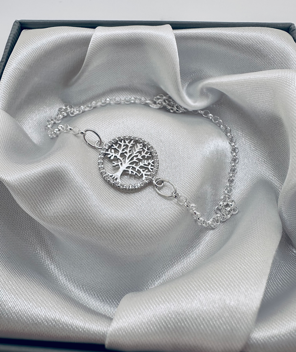 Tree of life silver bracelet presented in white satin lined gift box