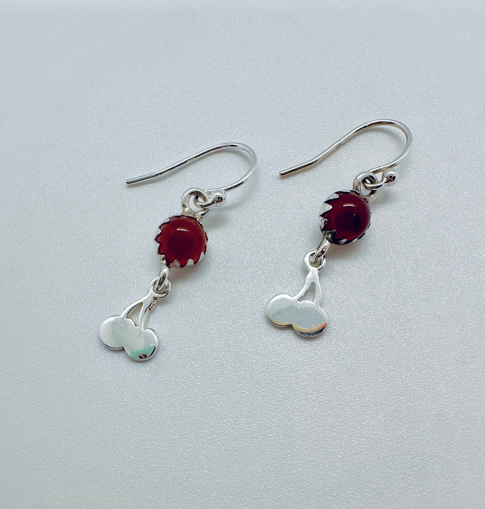 Thumbnail: Carnelian and sterling silver cherry dangle earrings on grey background