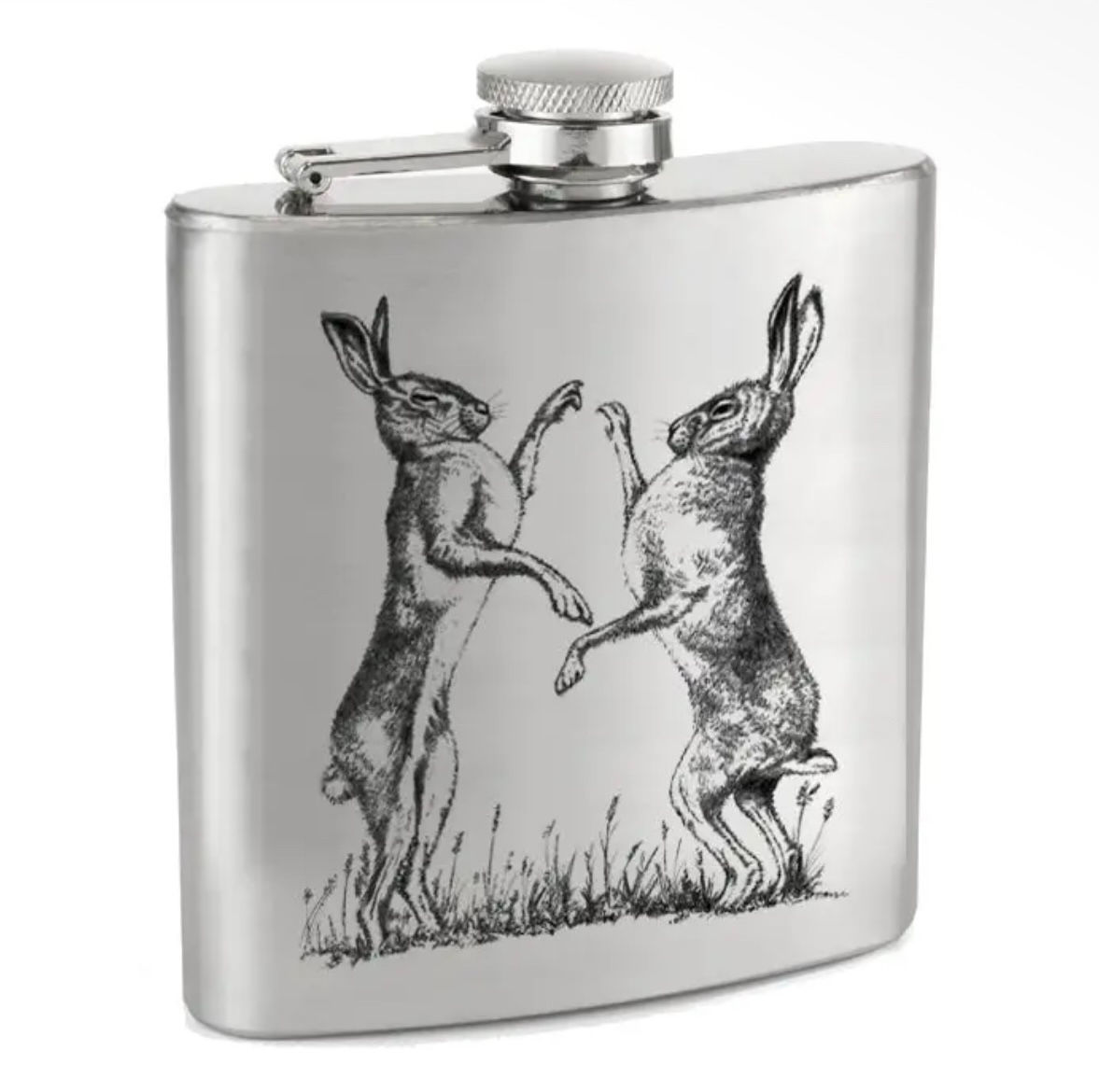 hipflask with black printed picture of 2 boxing hares