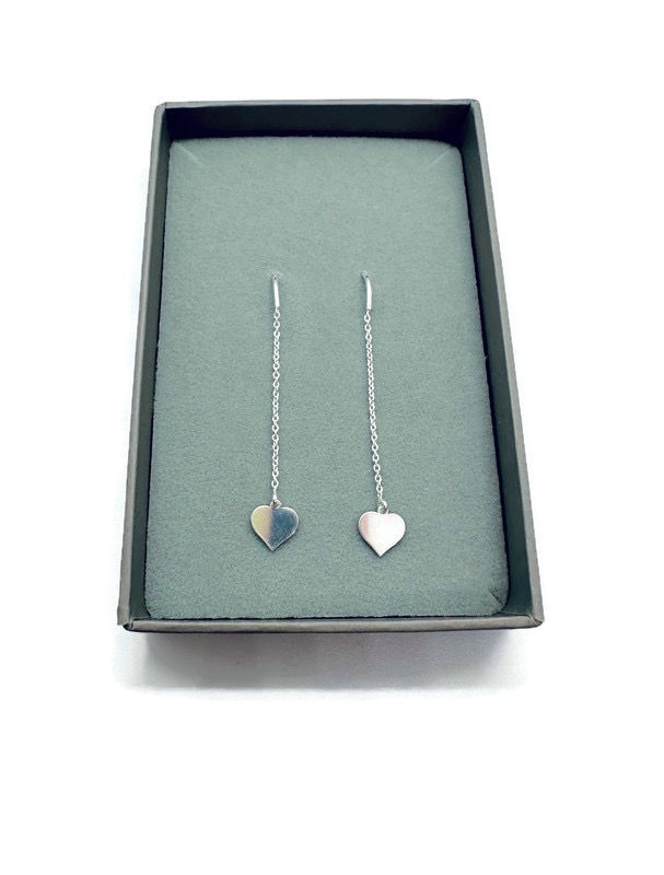 Thumbnail: silver heart dangle earrings in grey giftbox