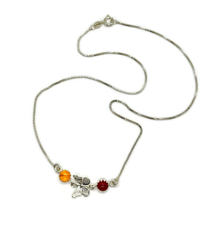 Thumbnail: silver butterfly gemstone necklace on sterling silver box chain with amber and carnelian