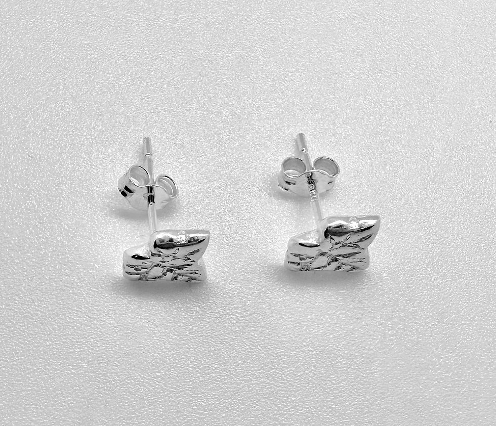 Thumbnail: ivy leaf studs, top view, showing silver stem and scroll background