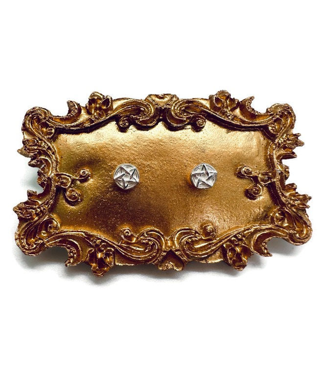 Thumbnail: small circular pentagram earrings displayed on gold plaque