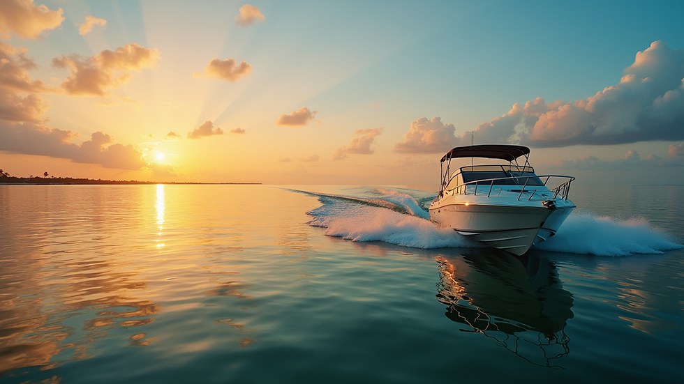 Wide angle view of a boat cruising near Siesta Key beach at sunset