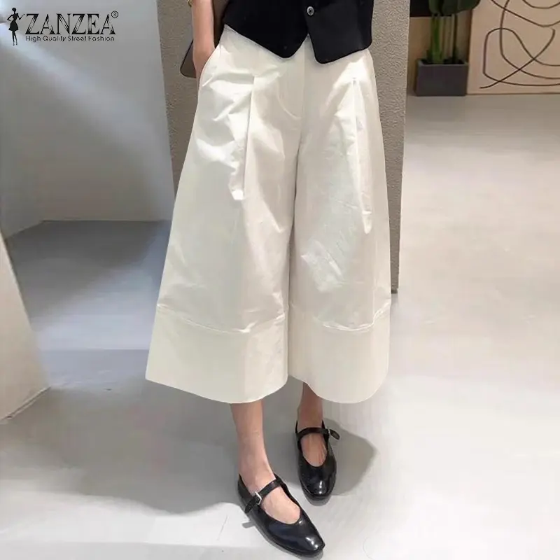 ZANZEA Women Casual Wide-Leg Calf-Length Polyester Pants
