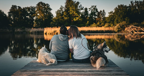 Hundefamilie zwei Personen mit Hunden am See Tierfoto