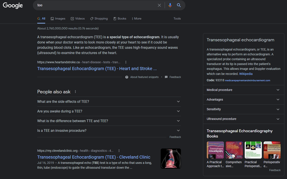 Google search engine result page for the term "tee"