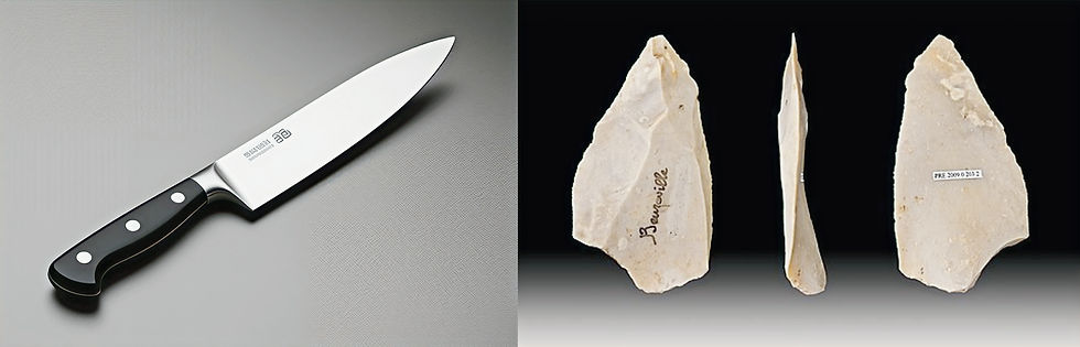 A esquerda uma faca contenporânea e à direita pedras cortantes feitas à partir da tecnologia de Levallois