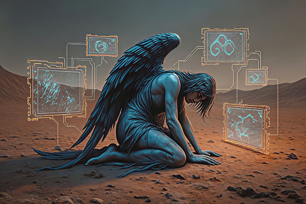 um anjo com ecrãs digitais ao seu redor