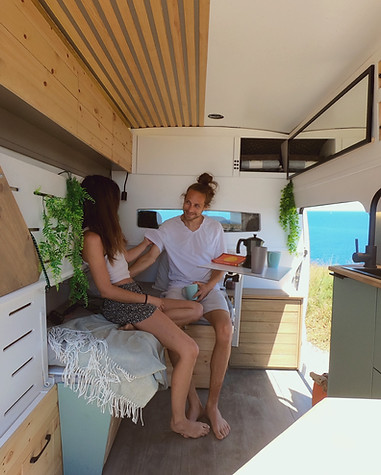 Noah, our custom-converted van, showcasing its sleek and functional interior designed for ultimate comfort on the road