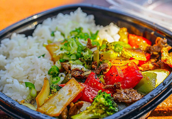 Close up shot of rice and grilled veggies from Kao's restaurant in downtown Elkhart.
