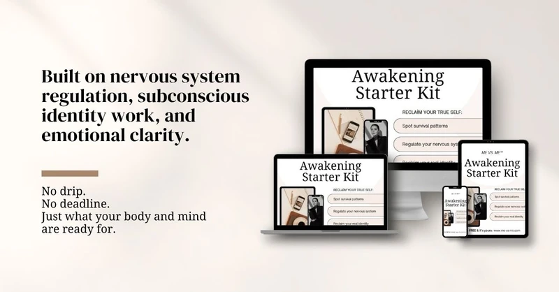 Mockup of the Awakening Starter Kit displayed on multiple devices, with text describing benefits like nervous system regulation, subconscious identity work, and emotional clarity.