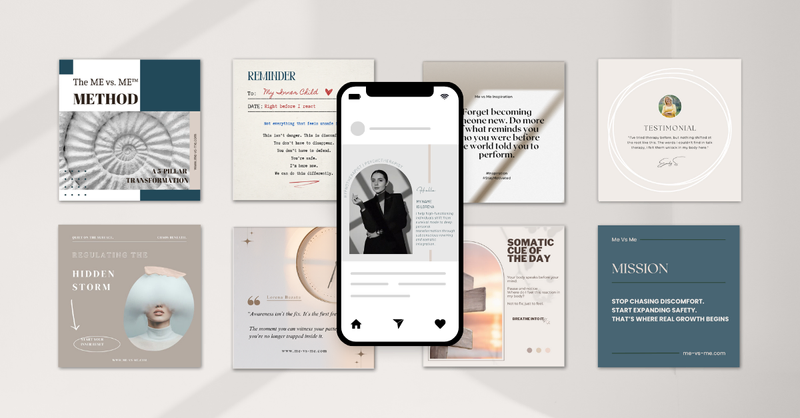 Preview of the Me vs Me 21-Day Spiral Bundle including somatic healing prompts, reminders, nervous system rituals, and emotional regulation content.