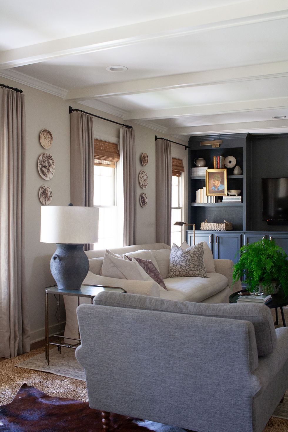 Narrow Living Room with faux beams