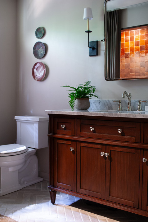 wood vanity in bathroom