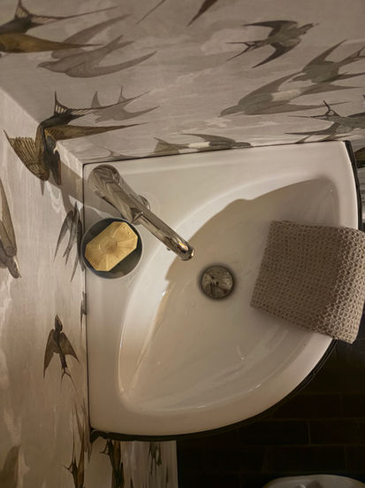 Basement powder bath renovation featuring swallow wallpaper and corner sink