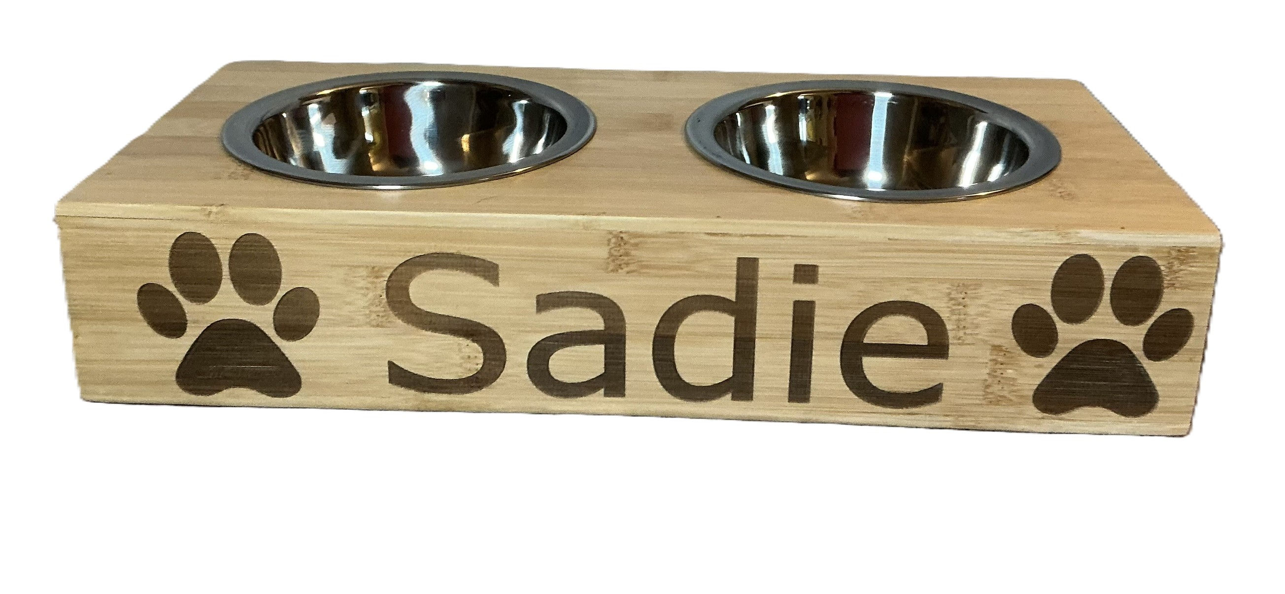 Personalised Bamboo Raised Pet Feeder – Cat & Small Dog Food Bowl Set