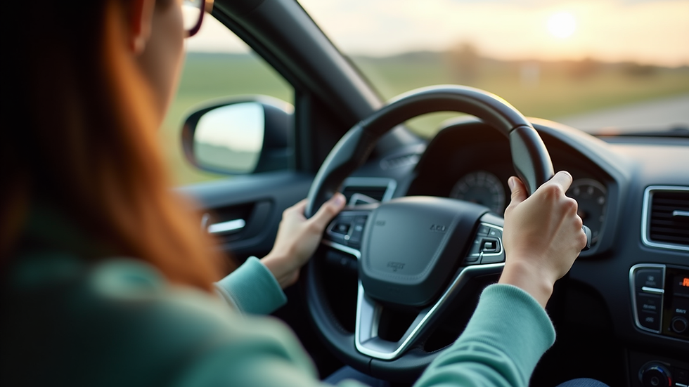 Close-up view of a learner driver holding a steering wheel during a lesson