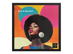 Featuring a portrait of a Black Woman with an amazing Afro in Peter Blake inspired art style