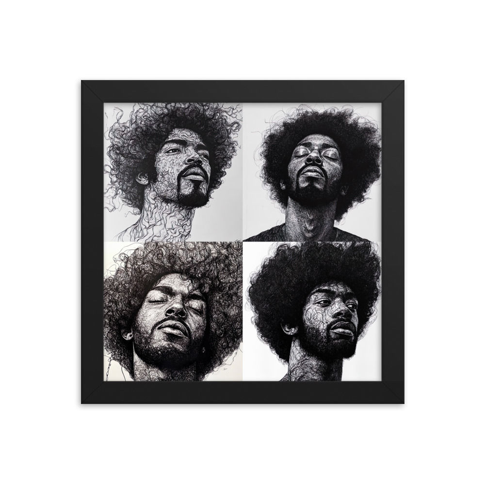 All 4 Pen & Ink Etched Art Afro Men Framed Poster