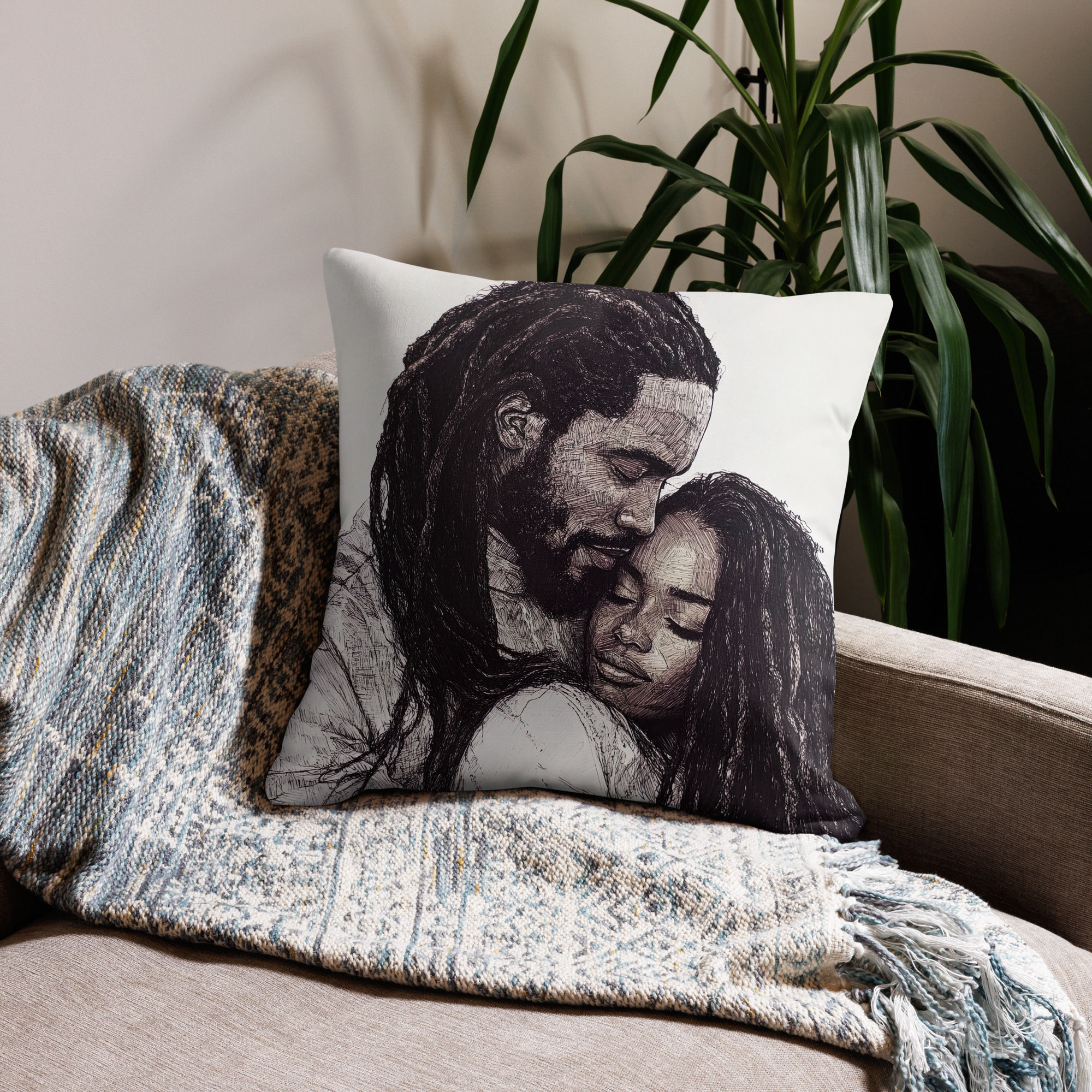 1 Pen & Ink Etched Art Dreadlocks Couple Premium Cushion